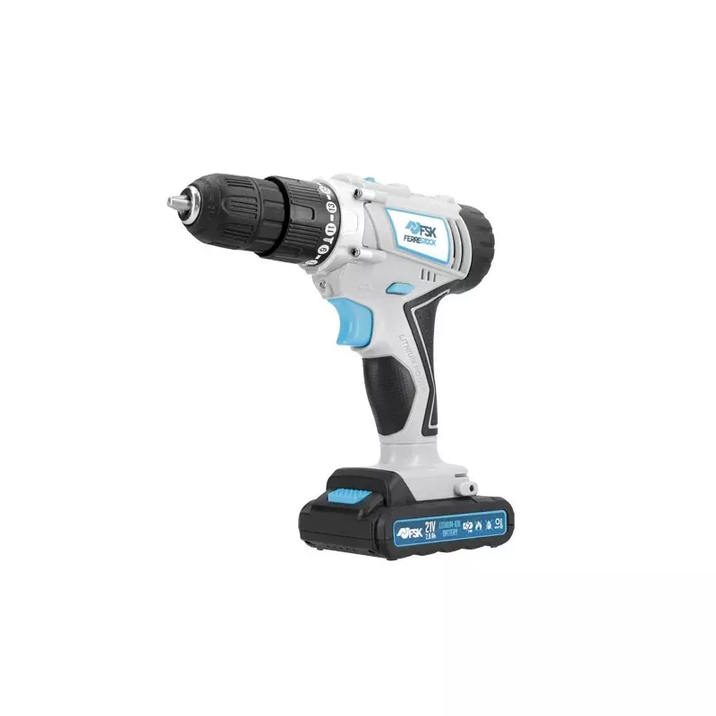 Taladro atornillador TM Home FSKTAB001 batería 18 V con diseño ergonómico y acabado en color blanco y negro.