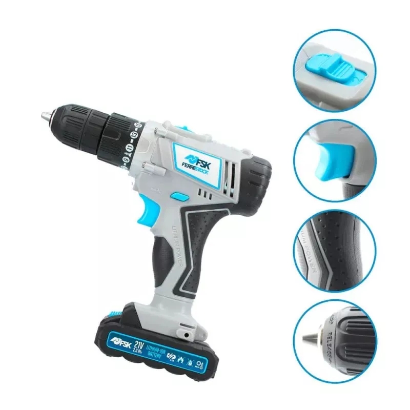 Taladro atornillador TM Home FSKTAB001 batería 18 V con maletín, diseño ergonómico, color gris y detalles azul.