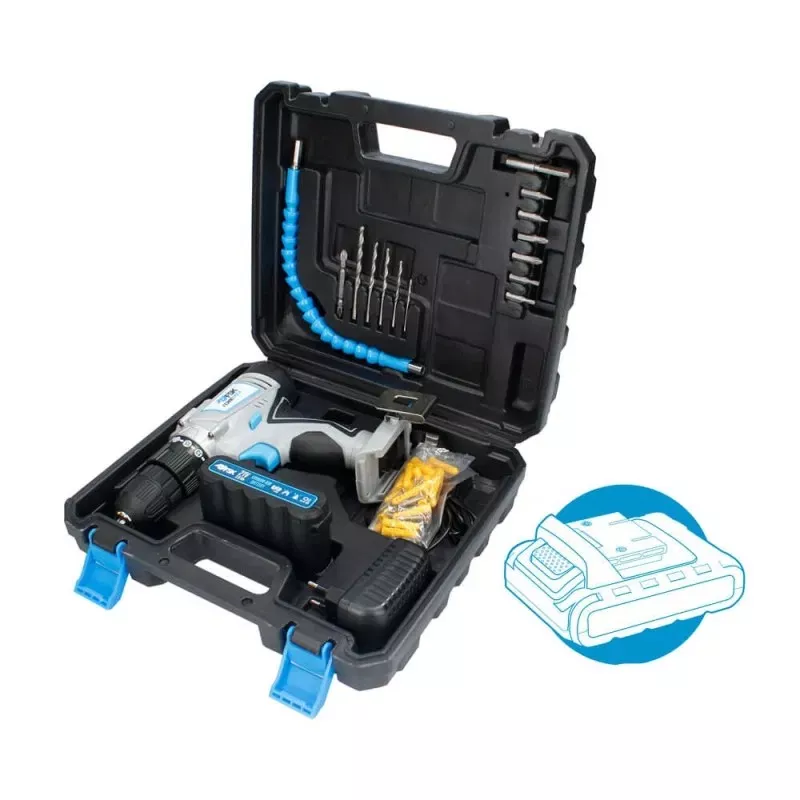 Taladro atornillador TM Home FSKTAB001 batería 18 V con maletín azul y accesorios incluidos para su uso versátil