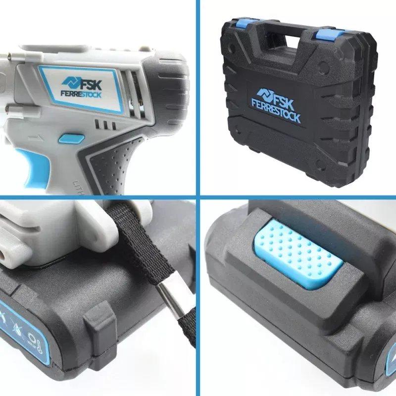 Taladro atornillador TM Home FSKTAB001 batería 18 V con maletín negro y diseño ergonómico para mayor comodidad.