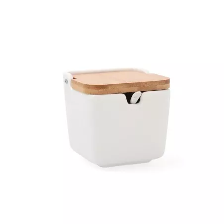 AZUCARERO BCO GRES ARIZONA QUID 7056121 de cerámica blanca con tapa de madera y diseño moderno, ideal para cocina.