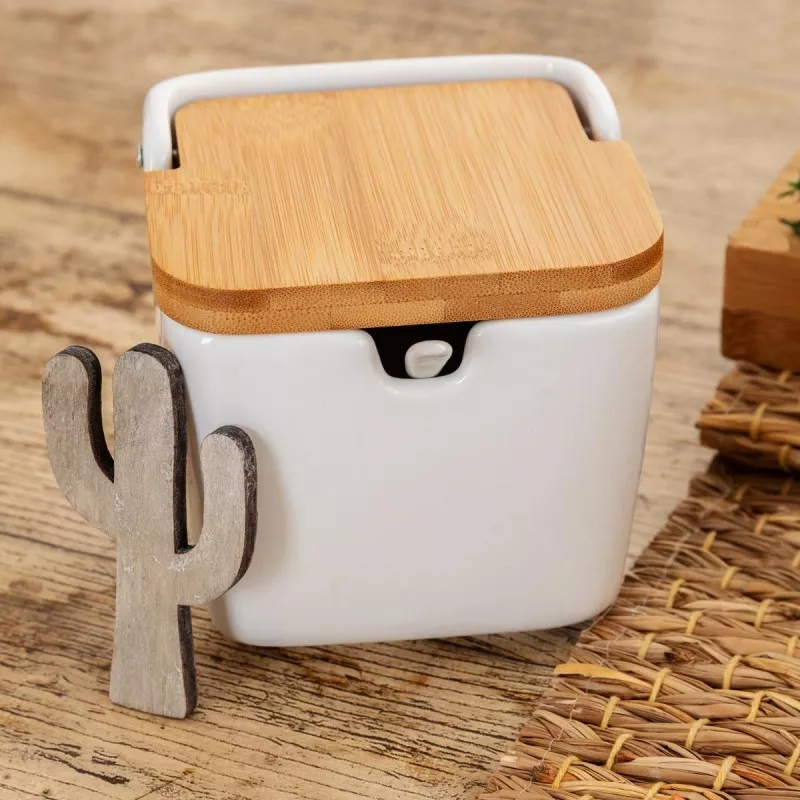 Azucarero BCO GRES ARIZONA QUID 7056121 con tapa de bambú y diseño moderno, ideal para cocina minimalista
