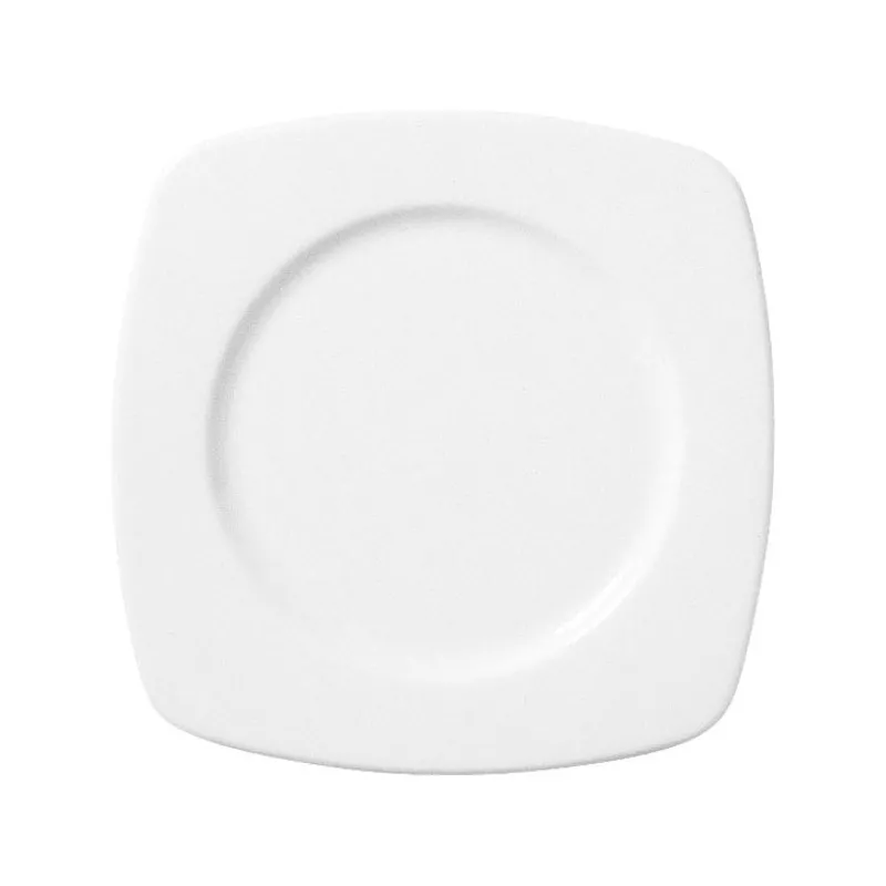 PLATO ARENAS LISO 16*16 de cerámica blanca con diseño cuadrado y acabado brillante ideal para servir alimentos.
