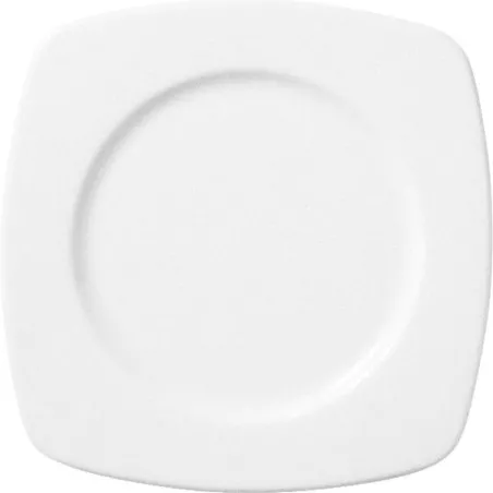 PLATO ARENAS LISO 16*16 de cerámica blanca con diseño cuadrado y acabado brillante ideal para servir alimentos.