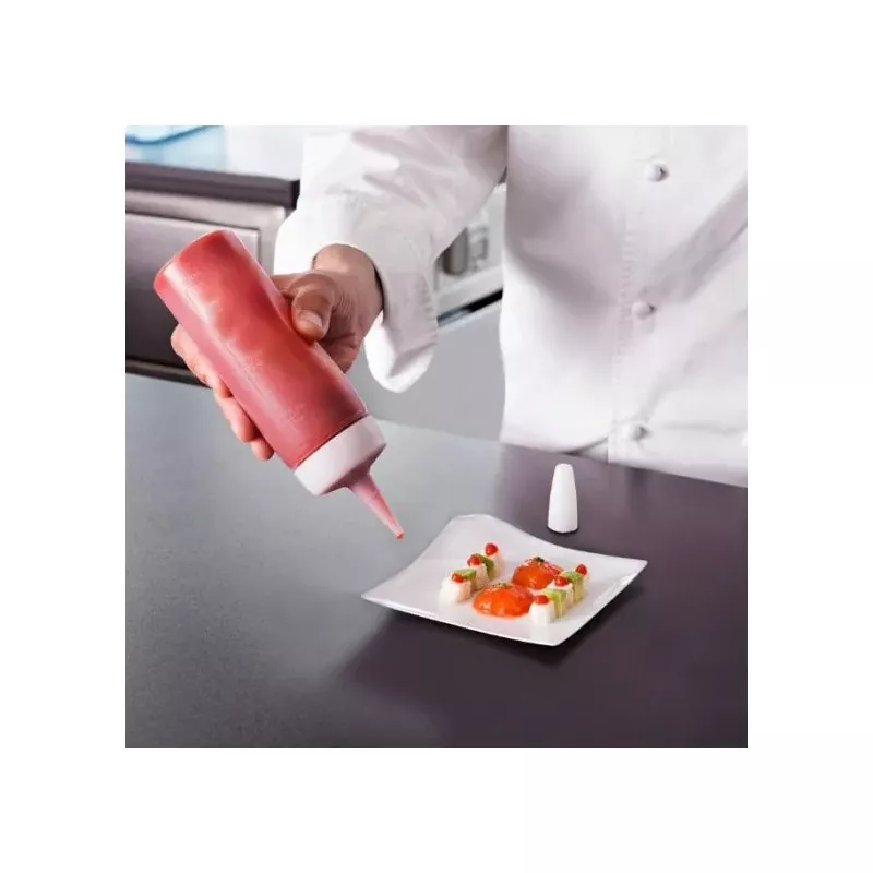 Dosificador de salsas Araven 50 cl 01377, polietileno rojo, boca ancha y graduado ideal para salsas y decoraciones.