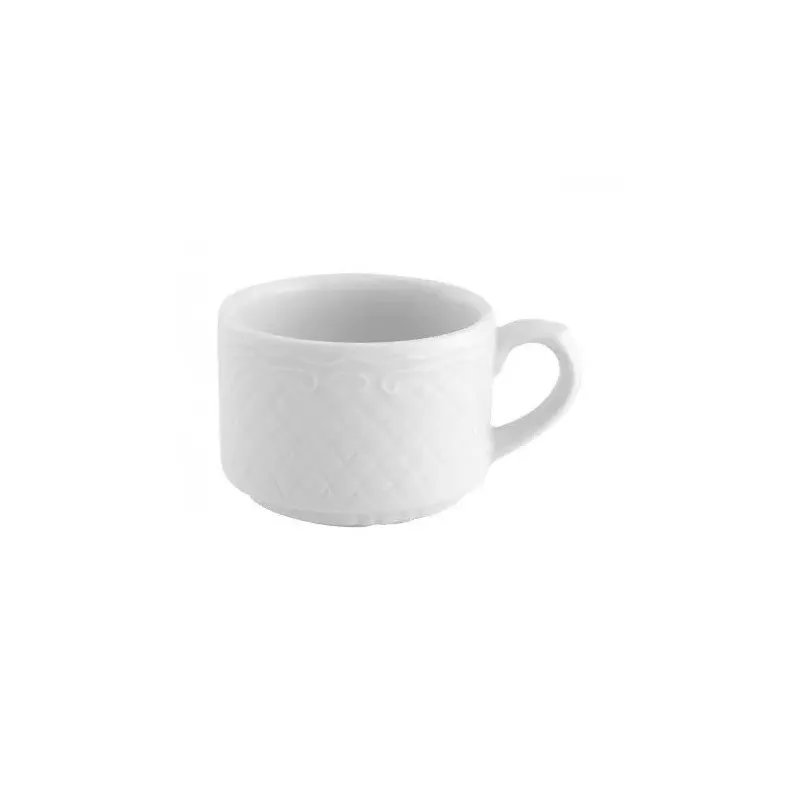 TAZA CAFE ESCORIAL BCO 510/13 de cerámica blanca con diseño texturizado y acabado brillante.