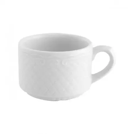 TAZA CAFE ESCORIAL BCO 510/13 de cerámica blanca con diseño texturizado y acabado brillante.