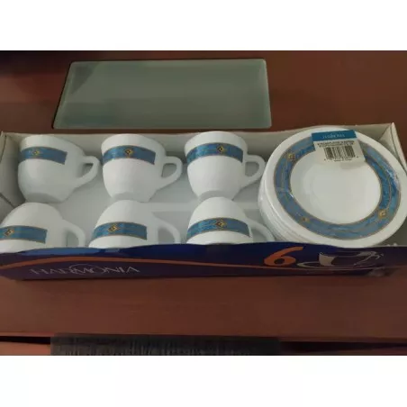 Estuche Moka Harmonía Astral con 6 tazas de cerámica blanca y platillos decorados en azul y dorado