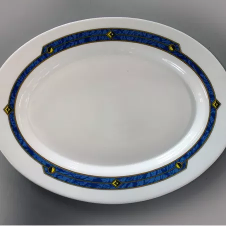 FUENTE OVAL 36 HARMONIA ASTRAL de cerámica blanca con borde azul decorativo y diseño elegante para servir.