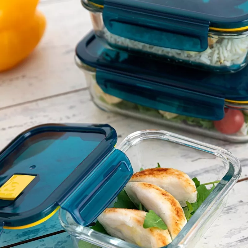 Recipiente cuadrado Quid Astral 37cl vidrio hermético azul, diseñado para almacenar alimentos de forma segura y fresca.