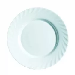 PLATO LLANO TRIANON BLANCO de cerámica, diseño minimalista con borde ondulado, formato clásico de 27 cm.