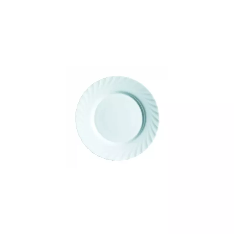 PLATO LLANO TRIANON BLANCO de cerámica, diseño minimalista con borde ondulado, formato clásico de 27 cm.