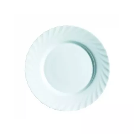 PLATO LLANO TRIANON BLANCO de cerámica, diseño minimalista con borde ondulado, formato clásico de 27 cm.