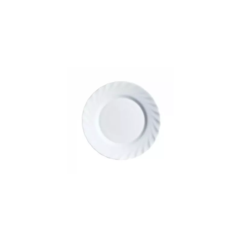 PLATO POSTRE TRIANON BLANCO de cerámica, diseño liso con borde ondulado y acabado brillante.