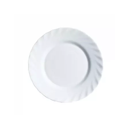 PLATO POSTRE TRIANON BLANCO de cerámica, diseño liso con borde ondulado y acabado brillante.