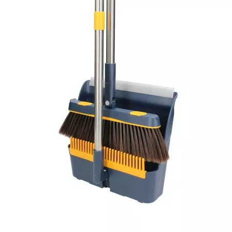ESCOBA + RECOGEDOR PLEGABLE HOCL010 en colores azul y amarillo, fabricado en plástico resistente con diseño ergonómico.