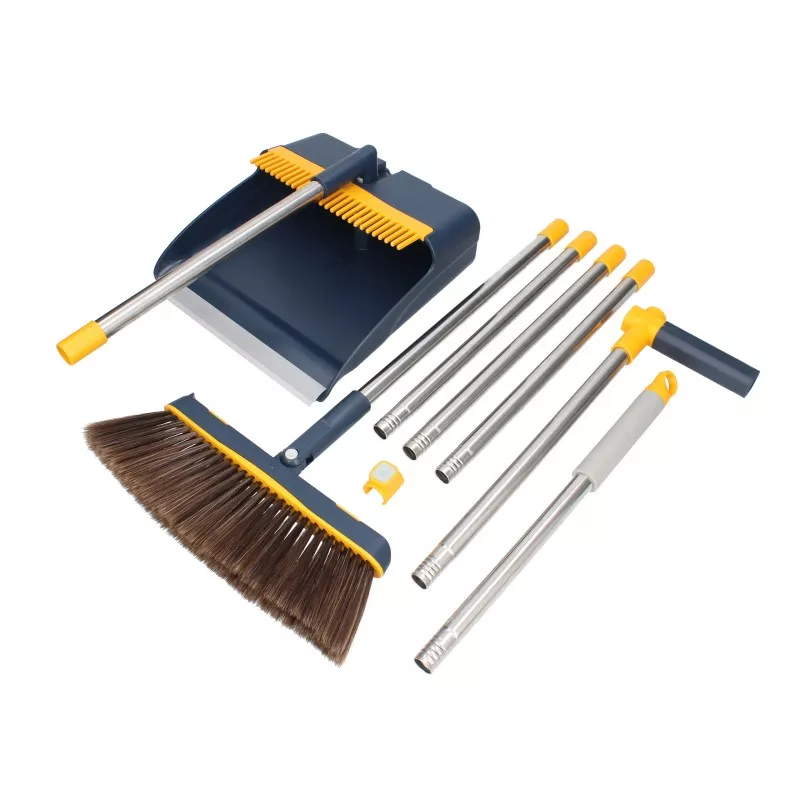 ESCOBA + RECOGEDOR PLEGABLE HOCL010 en color azul y amarillo, fabricados en plástico resistente con diseño ergonómico.