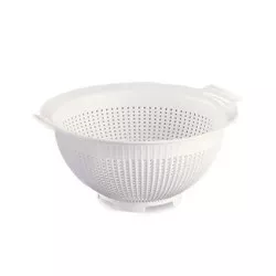 Escurridor redondo Araven 28 cm 4,5 L de polipropileno blanco con diseño perforado y asas para facilitar el uso