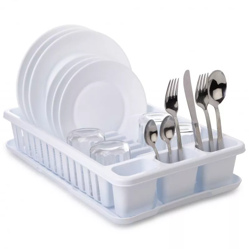 Escurreplatos con bandeja Tatay 1127001 en color blanco, plástico resistente, diseño funcional con compartimentos para utensilio