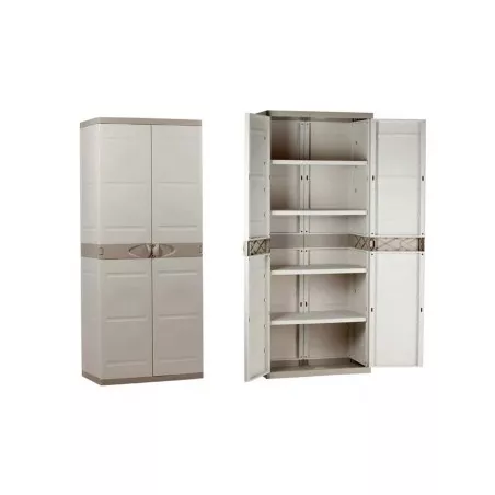 ARMARIO PLASTIKEN DESPENSERO 176X70X44 de plástico gris con cuatro estantes y puertas con tiradores metálicos.