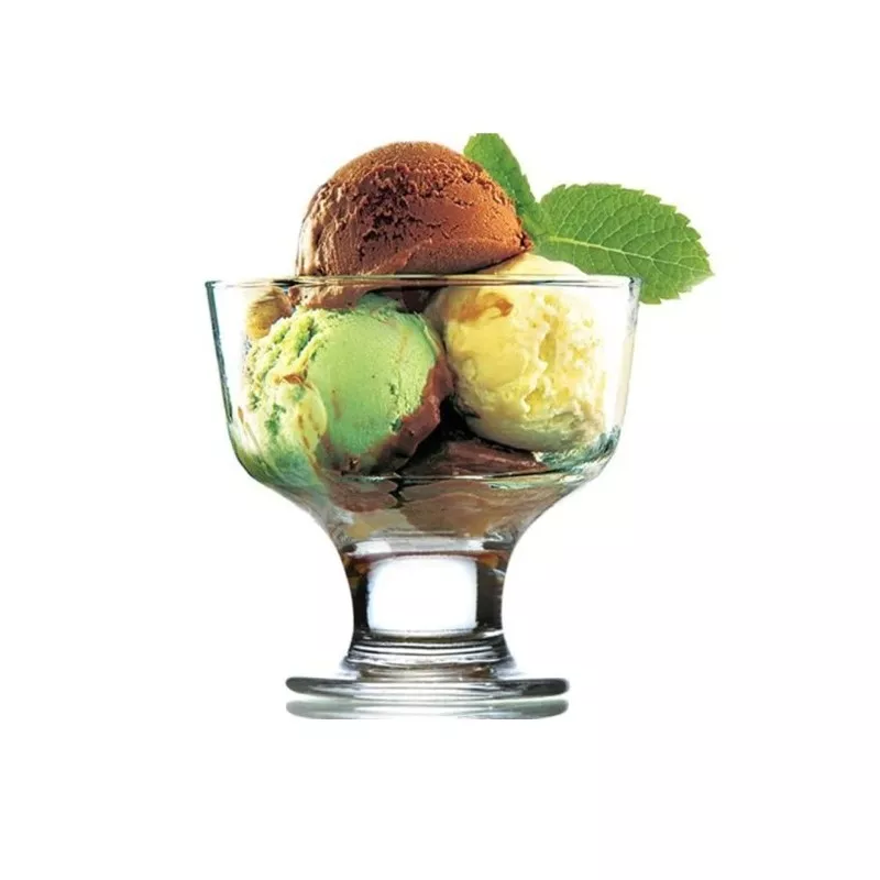 COPA HELADO DESTINA DES55 280CC V. VALLE de vidrio transparente con base estabilizadora y diseño elegante para postres.