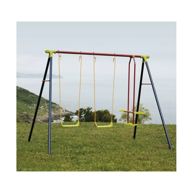 Columpio 3 plazas Alco 6400N en amarillo y negro, con 2 columpios y 1 caballito de 2x2,5x1,8 m.