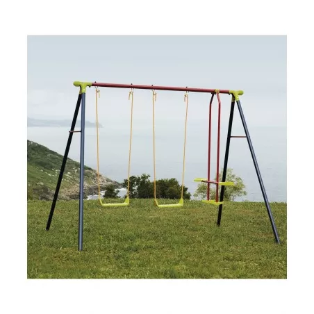 Columpio 3 plazas Alco 6400N en amarillo y negro, con 2 columpios y 1 caballito de 2x2,5x1,8 m.