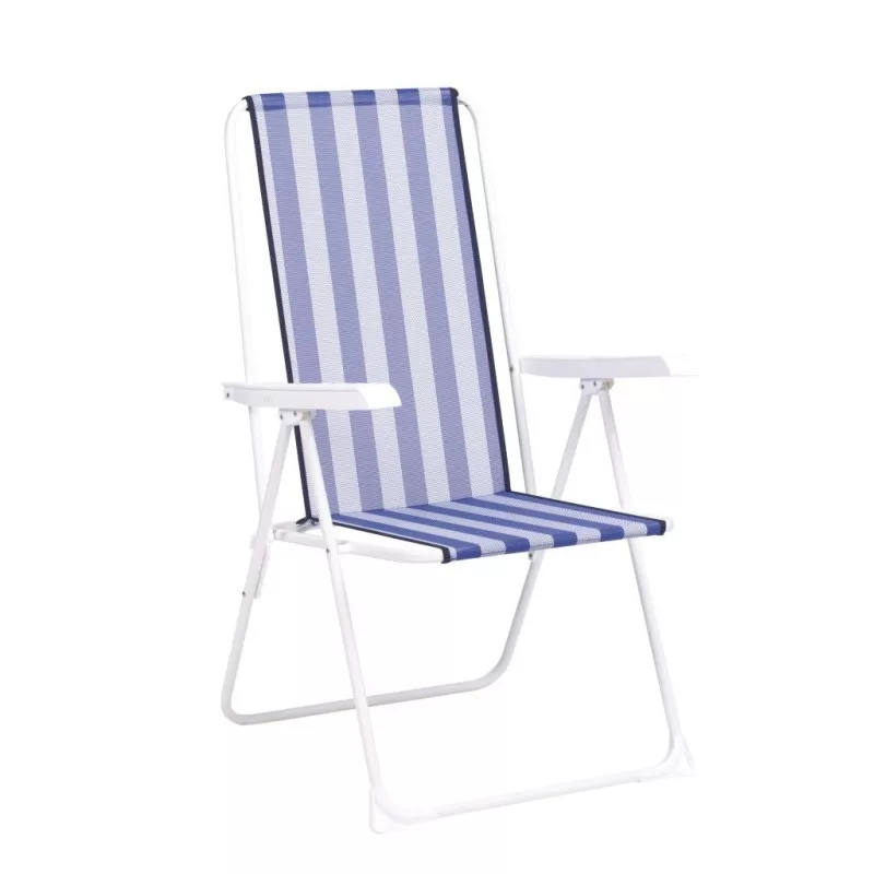 Hamaca de playa de acero lacado blanco con tela de fibreline en rayas azules y blancas, diseño ergonómico y plegable.