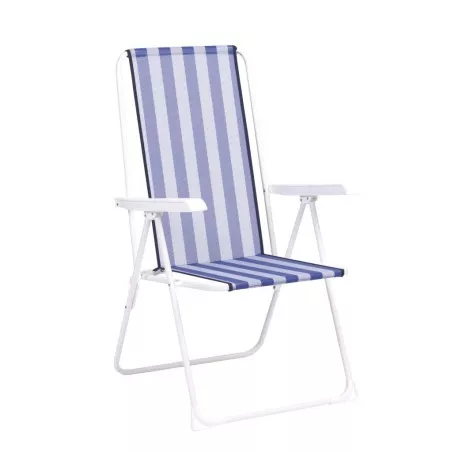 Hamaca de playa de acero lacado blanco con tela de fibreline en rayas azules y blancas, diseño ergonómico y plegable.