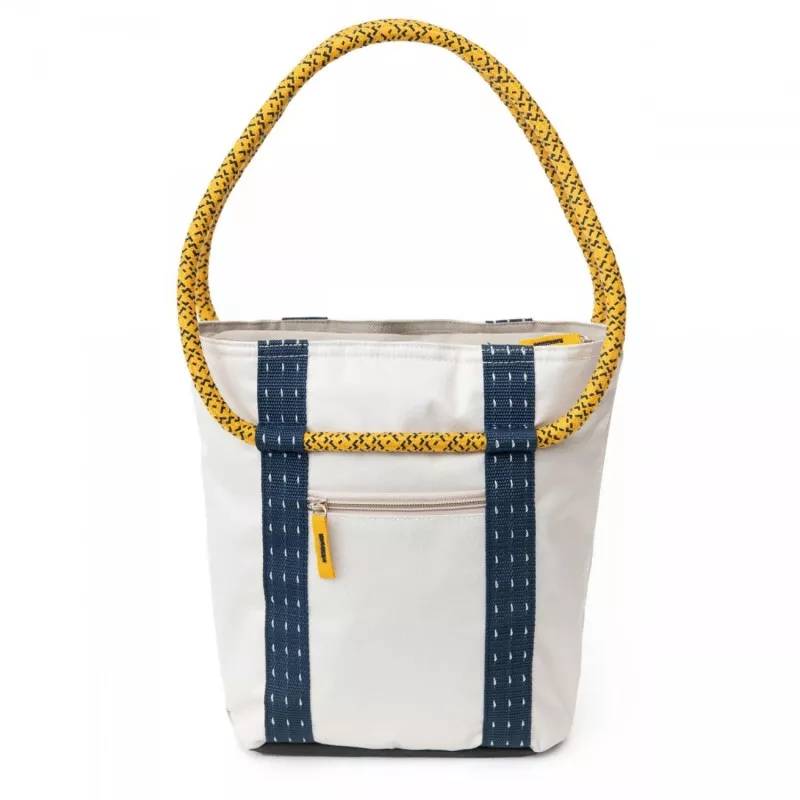 Bolsa térmica tipo cubo Coleman Jasmin Bucket 5 L 38328 en color blanco con asas amarillas y azul, diseño moderno y resistente.