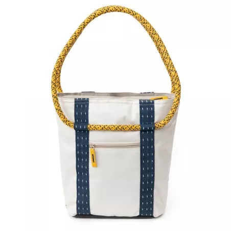 Bolsa térmica tipo cubo Coleman Jasmin Bucket 5 L 38328 en color blanco con asas amarillas y azul, diseño moderno y resistente.