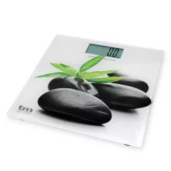 Báscula de baño TM Electron TMPBS013 Zen de vidrio blanco con diseño de piedras y hoja, capacidad hasta 150 kg