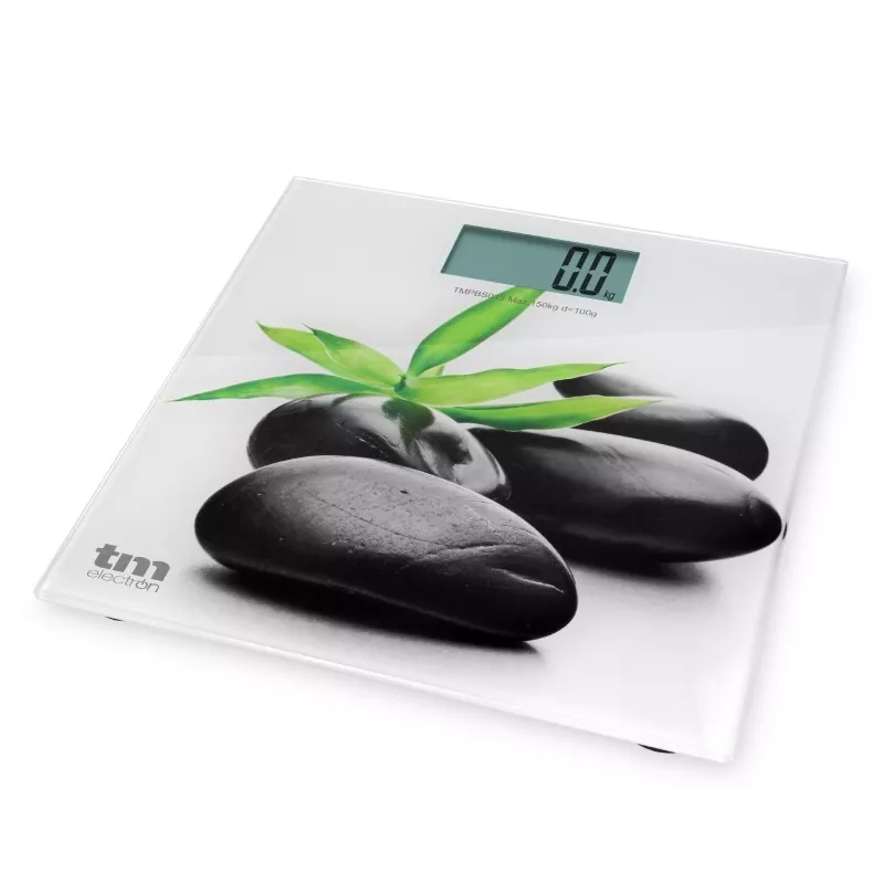 Báscula de baño TM Electron TMPBS013 Zen de vidrio blanco con diseño de piedras y hoja, capacidad hasta 150 kg