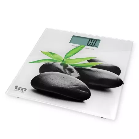 Báscula de baño TM Electron TMPBS013 Zen de vidrio blanco con diseño de piedras y hoja, capacidad hasta 150 kg