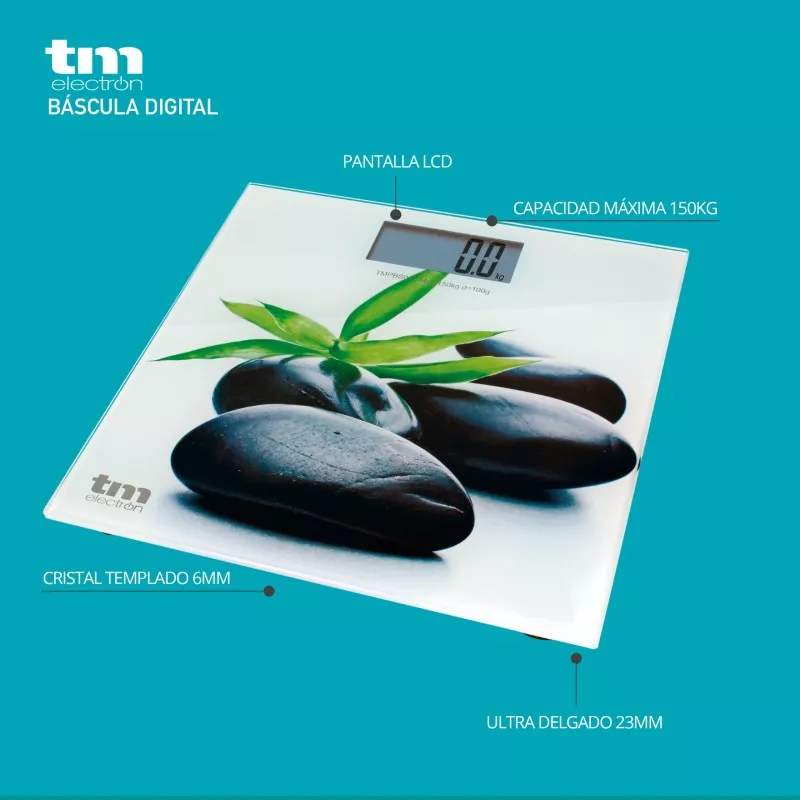 Báscula de baño TM Electron TMPBS013 Zen – hasta 150 kg, diseño en cristal templado con pantalla LCD y acabado elegante.