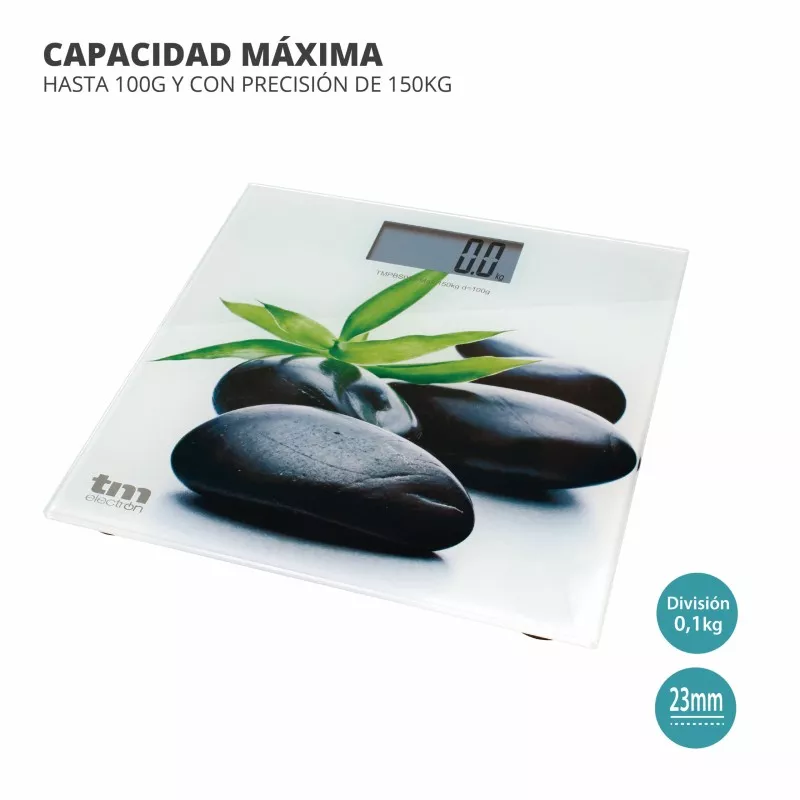 Báscula de baño TM Electron TMPBS013 Zen – hasta 150 kg con diseño moderno y superficie de vidrio templado blanco.