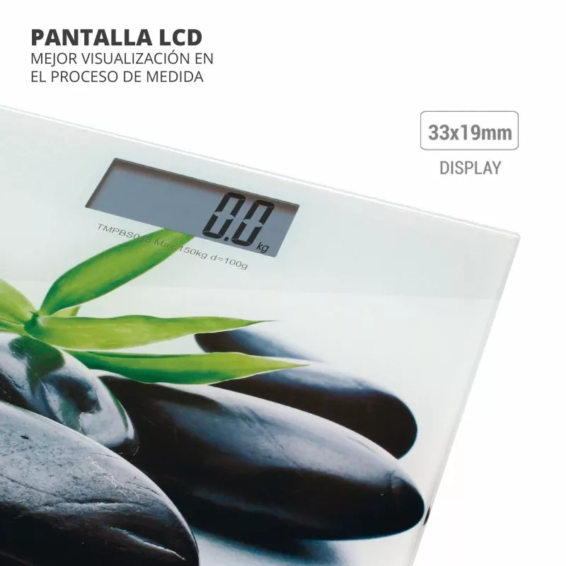 Báscula de baño TM Electron TMPBS013 Zen hasta 150 kg, con diseño elegante, pantalla LCD y acabado en vidrio templado.