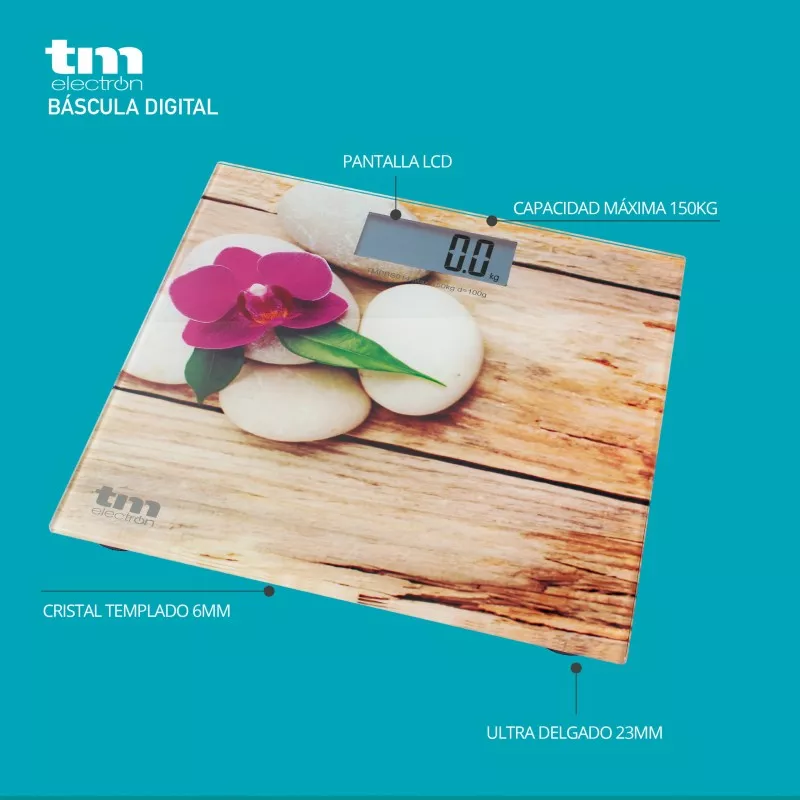 Báscula de baño TM Electron TMPBS014 Zen – cristal templado, diseño ultra delgado 23 mm, hasta 150 kg