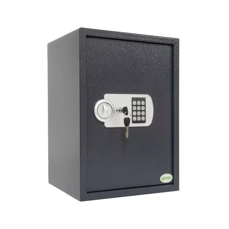 Caja fuerte AMIG Topsecure 23*17 24791 color negro, de acero, diseño compacto con cerradura electrónica y llave de seguridad.