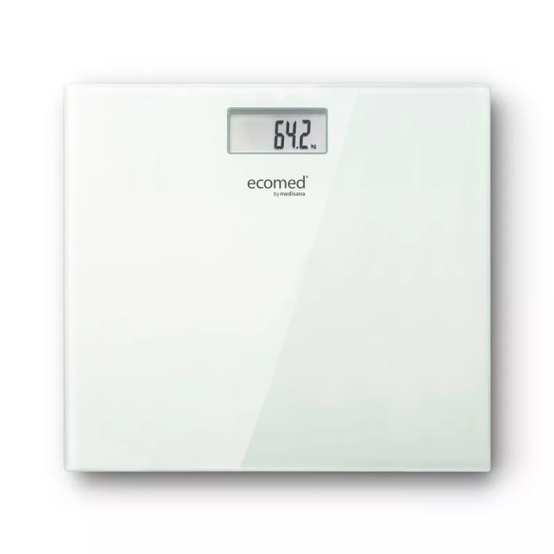 Báscula de baño Medisana 23511 (ECOMED PS-72E) blanca, formato rectangular, hasta 150 kg, con pantalla digital.