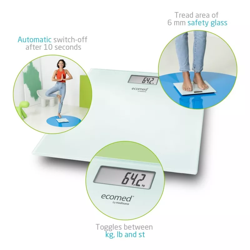 Báscula de baño Medisana 23511 (ECOMED PS-72E) con diseño plano, cristal de seguridad de 6 mm y pantalla digital.