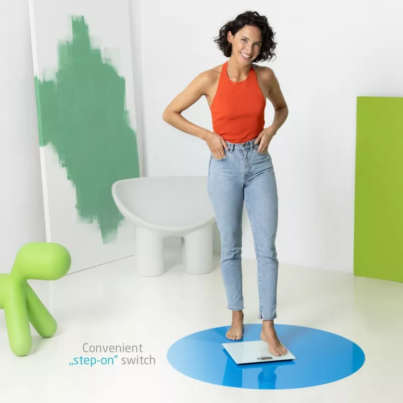 Báscula de baño Medisana 23511 (ECOMED PS-72E) – hasta 150 kg con superficie de cristal templado y diseño moderno en blanco.