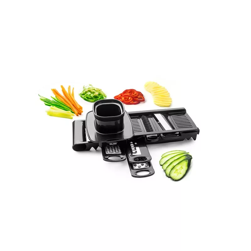 Mandolina Easycokk Ibili 772400 negra con 5 cuchillas ajustables y protector de manos para cortar verduras.