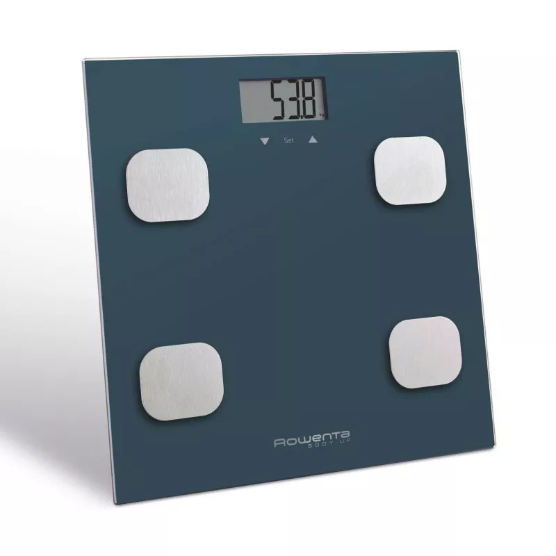 Báscula de baño Rowenta BR2520V0 Body Up en color azul, diseño moderno y capacidad hasta 150 kg con pantalla digital.