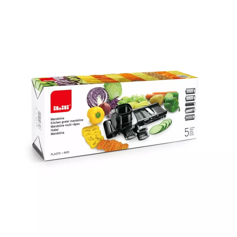 Mandolina Easycokk Ibili 772400 negra con 5 cuchillas ajustables y protector de manos para cortar verduras.