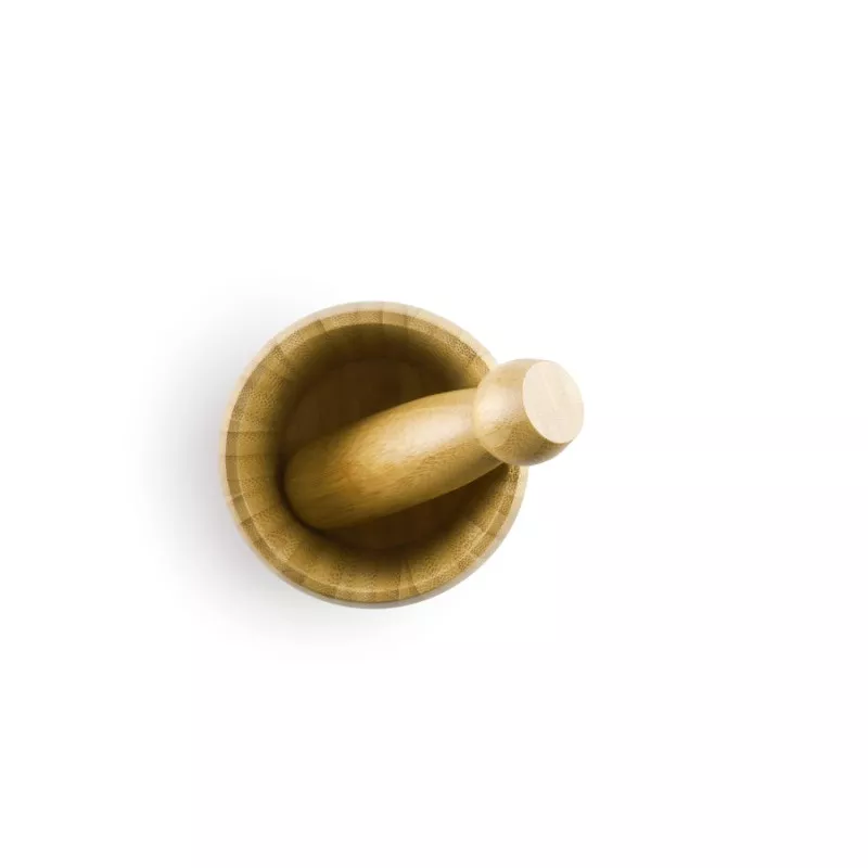 Mortero de bambú Ibili 752050 con mano, diseño natural, acabado suave y resistente para triturar ingredientes.