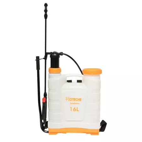 SULFATADORA 16 L. HOTECHE 209503 de color blanco y naranja, fabricada en plástico, con pulverizador ajustable.