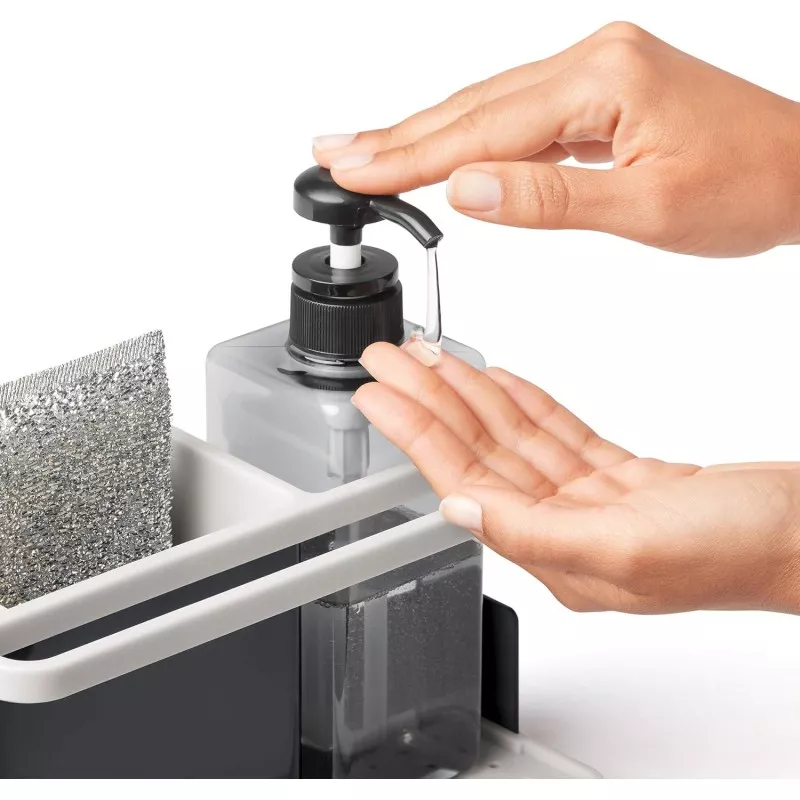 Organizador fregadero Rayen Premium 2118 dispensador jabón en plástico negro, diseño moderno y práctico para limpieza eficaz