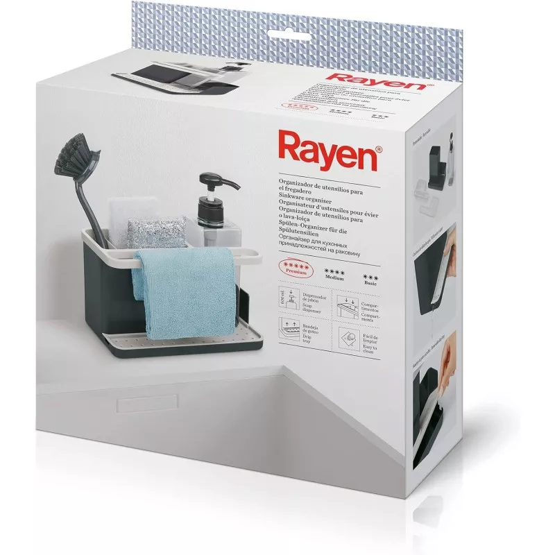 Organizador fregadero Rayen Premium 2118 dispensador jabón negro con compartimentos y diseño moderno para cocina