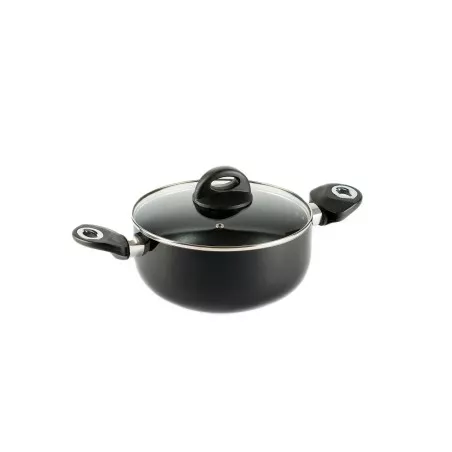 Olla aluminio Vier 24 cm 500-24 negra con tapa de vidrio y asas ergonómicas de plástico.